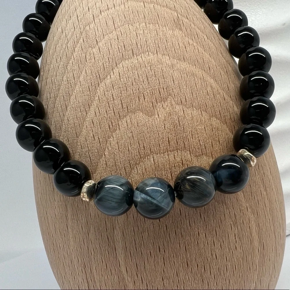 BLUE Tiger Eye & Onyx Beaded Bracelet